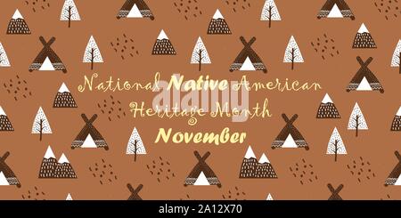 National Native American Heritage mese celebrato nel mese di novembre in USA. Disegno a mano sfondo tradizionale Illustrazione Vettoriale