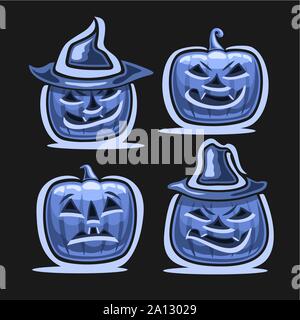Set di vettore di zucche di Halloween: 4 blu jack-o-Lantern con diversi personaggi in cappelli, icone del simbolo di halloween con il male sorriso e spavento emotio Illustrazione Vettoriale