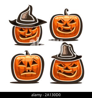 Set di vettore di zucche di Halloween: 4 orange jack-o-Lantern con diversi personaggi in cappelli, icone dei simboli di halloween con il male sorriso e spavento emo Illustrazione Vettoriale