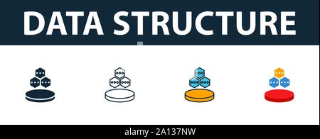 Struttura di dati icona set. Quattro simboli semplici in diversi stili dal web hosting raccolta di icone. Creative dati struttura riempita di icone, contorno Illustrazione Vettoriale