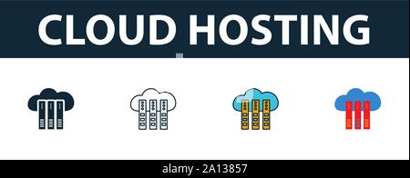 Il Cloud hosting icon set. Quattro simboli semplici in diversi stili dal web hosting raccolta di icone. Creative cloud hosting icone riempito, contorno Illustrazione Vettoriale