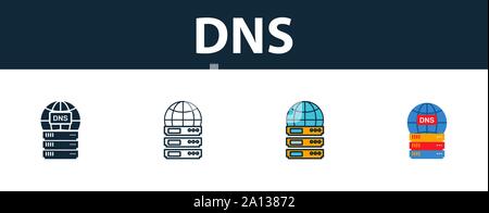 Icona dns impostato. Quattro simboli semplici in diversi stili dal web hosting raccolta di icone. Creative icone dns riempito, del contorno colorato e simboli di Piana Illustrazione Vettoriale