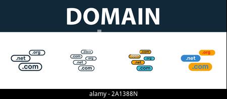 Icona di dominio impostato. Quattro simboli semplici in diversi stili dal web hosting raccolta di icone. Creative icone di dominio riempito, contorno, colorata e piatto Illustrazione Vettoriale