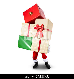 Babbo Natale che porta un grande mucchio di regali di Natale Foto Stock