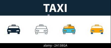 Taxi icon set. Quattro simboli semplici in diversi stili di viaggio dalla raccolta di icone. Creative icone taxi riempito, del contorno colorato e simboli di Piana Illustrazione Vettoriale