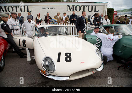 1964 Jaguar E-type FHC guidato da David Hart & Olivier Hart nel Trofeo Kinrara gara al Goodwood xiii sett 2019 a Chichester, Inghilterra. Foto Stock