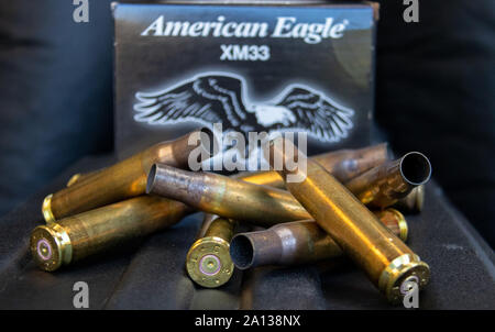 Brantford, Ontario, Canada - Agosto 2016: Casella di 50 BMG Full Metal Jacket involucri da American Eagle Foto Stock