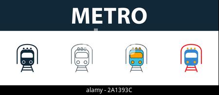 Metro icon set. Quattro simboli semplici in stili diversi dal trasporto raccolta di icone. Creative icone metro riempito, del contorno colorato e simboli di Piana Illustrazione Vettoriale