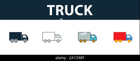 Carrello icon set. Quattro simboli semplici in stili diversi dal trasporto raccolta di icone. Creative icone carrello riempito, del contorno colorato e simboli di Piana Illustrazione Vettoriale