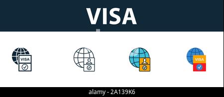 Visa icon set. Quattro simboli semplici in diversi stili dalla raccolta di icone. Creative icone visa riempito, del contorno colorato e simboli di Piana Illustrazione Vettoriale