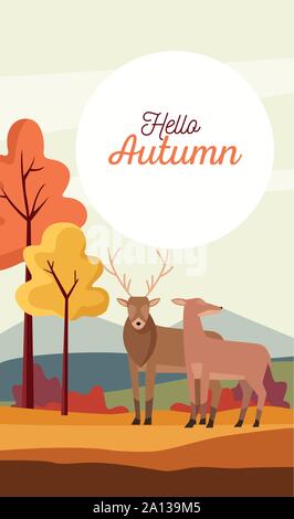 Ciao stagione autunnale scena con le renne giovane Illustrazione Vettoriale