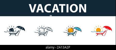 Vacanza icon set. Quattro simboli semplici in diversi stili dal turismo raccolta di icone. Di vacanza creativa riempito di icone, contorno, colorata e piatto Illustrazione Vettoriale