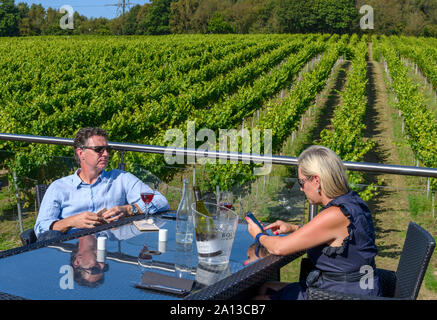 Una coppia di mezza età godendo di vino al Bolney Wine Estate - Vigneto - Bolney, Haywards Heath, West Sussex, in Inghilterra, Regno Unito Foto Stock