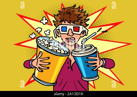 Spaventata boy in occhiali stereo al cinema con popcorn e cola. Fumetto cartoon arte pop retrò illustrazione vettoriale disegno Illustrazione Vettoriale