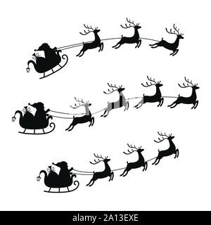 Collezione sleigh con borsa di doni e le renne, slitta di Babbo Natale. Elemento di natale con graziosi caprioli. Illustrazione Vettoriale