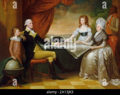 Pittura di olio del Presidente George Washington con sua moglie Martha, con i loro nipoti. Foto Stock