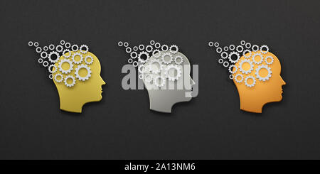 Tre ingranaggi testa concetto di gruppo di allenamento della memoria logo. Astrazione di pensare la mente. Questa illustrazione serve come idea di gioco di squadra mente pensare di lavoro
