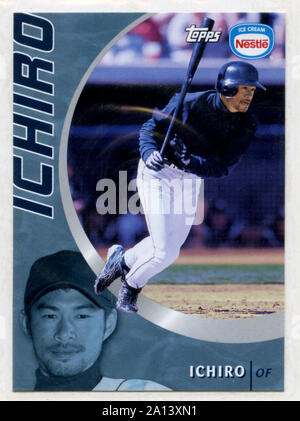 Collezionabili scheda di baseball di giapponese nato major league baseball star Ichiro prodotta da Topps per Nestle il prodotto gelato. Foto Stock