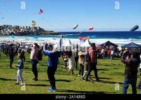 Kite-Flying folla al Festival del Vento a Bondi Beach Foto Stock