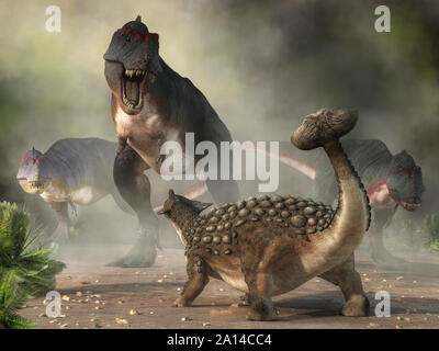 Un anklyosaurus solleva il suo clubbed coda e facce off contro tre avvicinando tyrannosaurus-rexes in questo Cretaceo era illustrazione. Il rendering 3D. Foto Stock