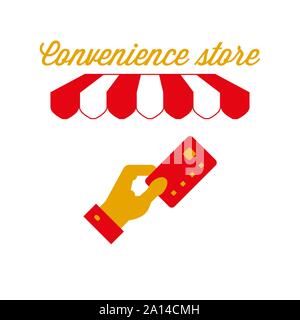 Minimarket segno, emblema. Rosso e bianco striato tenda tenda. Il pagamento tramite carta di credito e la relativa icona. Oro e Rosso. Appartamento illustrazione vettoriale. Illustrazione Vettoriale