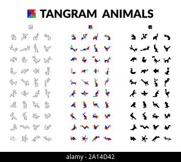 Set di Tangram animali bambini gioco cervello trasformazione di taglio vettore puzzle set. Illustrazione Vettoriale