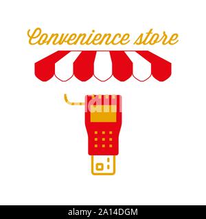 Minimarket segno, emblema. Rosso e bianco striato tenda tenda. Il terminale di pagamento e la relativa icona. Oro e Rosso. Appartamento illustrazione vettoriale. Illustrazione Vettoriale