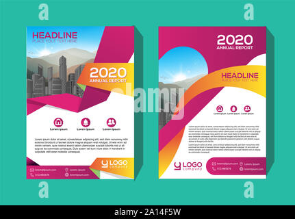 Realizzazione brochure, coperchio layout moderno, relazione annuale, poster, volantini in formato A4 con colorati, forme geometriche per tech, scienza, di mercato con luce backgrou Foto Stock