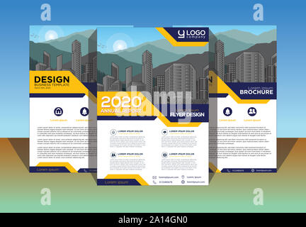 Realizzazione brochure, coperchio layout moderno, relazione annuale, poster, volantini in formato A4 con colorati, forme geometriche per tech, scienza, di mercato con luce backgrou Foto Stock