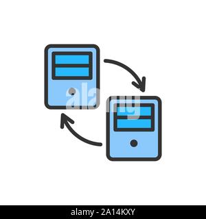 Calcolatore vettoriale di trasferimento di dati di colore piatto icona linea. Illustrazione Vettoriale