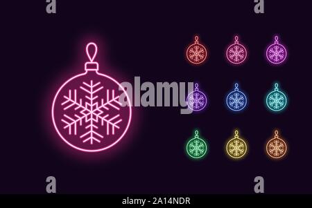 Neon giocattolo a sfera, Natale e Anno nuovo decoro. Colorato insieme festoso di Neon palla di Natale con il simbolo del fiocco di neve, Outline stile. Icona incandescente, segno e sy Illustrazione Vettoriale