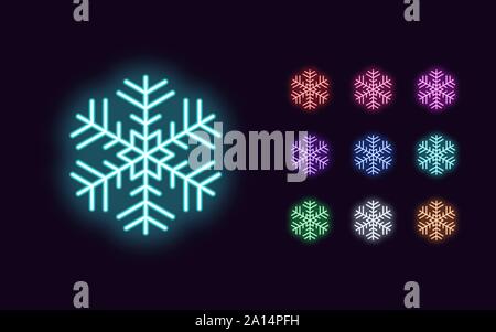 Il simbolo del fiocco di neve al neon, Natale e Anno nuovo decoro. Colorato insieme festoso di Neon di fiocchi di neve in stile contorno. Icona incandescente, simbolo e segno per le vacanze Illustrazione Vettoriale