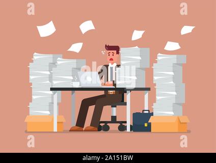 Occupato oberati di lavoro uomo seduto a tavola con il computer portatile e la pila di carte in ufficio. Illustrazione Vettoriale Illustrazione Vettoriale
