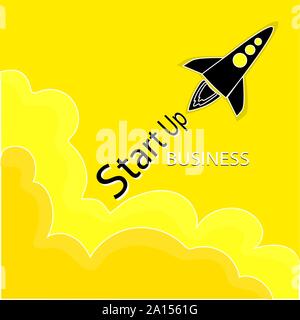 Avvio aziendale . Una silhouette nera, un razzo si stende dalle nuvole . Giallo. Il nome dell'avvio nero. Vettore Illustrazione Vettoriale