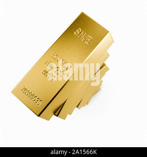 Alta pila di lingotti d'oro Lingotti su sfondo bianco Foto Stock