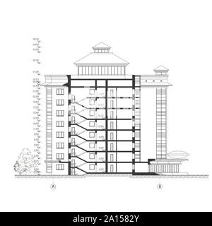 Edificio multipiano sezione, architettonici dettagliati disegno tecnico, vettore cianografia Illustrazione Vettoriale