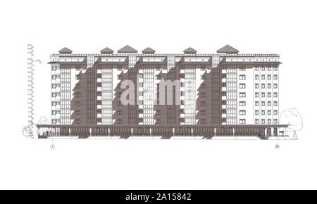 Edificio multipiano sezione, architettonici dettagliati disegno tecnico, vettore cianografia Illustrazione Vettoriale