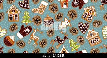 Natale e Felice Anno Nuovo orizzontale modello senza giunture. Infinite cartoon vettore con pigna e pan di zenzero. Illustrazione Vettoriale