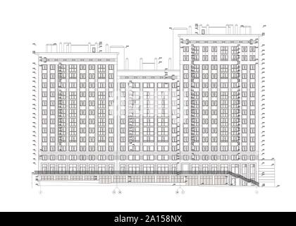 Edificio multipiano sezione, architettonici dettagliati disegno tecnico, vettore cianografia Illustrazione Vettoriale