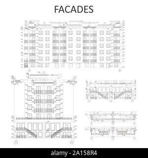Edificio multipiano sezione, architettonici dettagliati disegno tecnico, vettore cianografia Illustrazione Vettoriale