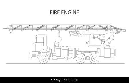 Classic cartoon disegnato a mano fuoco dettagliato motore / camion dei pompieri, vista di profilo. Illustrazione Vettoriale Illustrazione Vettoriale