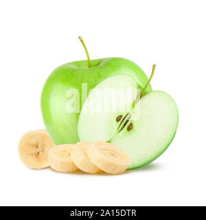 Frutta isolato. Mele Verdi e banane su sfondo bianco. Foto Stock