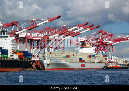 KAOHSIUNG, Taiwan -- Giugno 2, 2019: contenitori vengono caricati sulle navi nel porto di Kaohsiung. Foto Stock