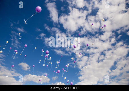 Rosa e Bianco di palloncini con cartoline volare nel cielo, Germania Foto Stock