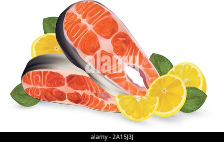 Due di filetto di salmone con limone. Bistecca di fresco salmone e limone su sfondo bianco. Filetto di pesce rosso vicino. Bella illustrazione vettoriale. Illustrazione Vettoriale