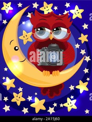 Un rosso dolce owl indossa occhiali e con una fotocamera si siede sulla luna nel mezzo della notte e le stelle. Foto business, fotografo, vocazione Illustrazione Vettoriale