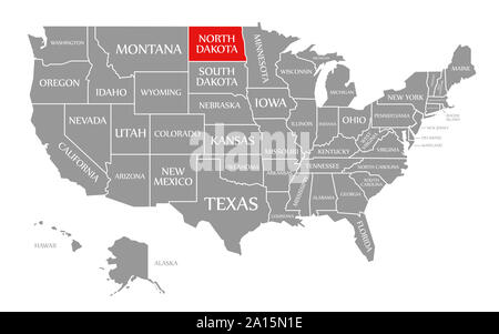 North Dakota Red evidenziata nella mappa degli Stati Uniti d'America Foto Stock