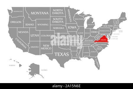 Virginia evidenziata in rosso nella mappa degli Stati Uniti d'America Foto Stock