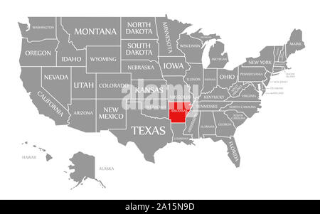 Arkansas evidenziata in rosso nella mappa degli Stati Uniti d'America Foto Stock