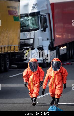 Germania. 24Sep, 2019. Due vigili del fuoco in tute di protezione a piedi passato la scena dell'incidente. Nell'incidente con quattro camion sull'autostrada 2 tra Peine e Braunschweig una sostanza pericolosa scampato. Secondo la polizia, due persone sono state gravemente ferite e un merci pericolose transporter è stato anche coinvolto. Credito: Sina Schuldt/dpa/Alamy Live News Foto Stock